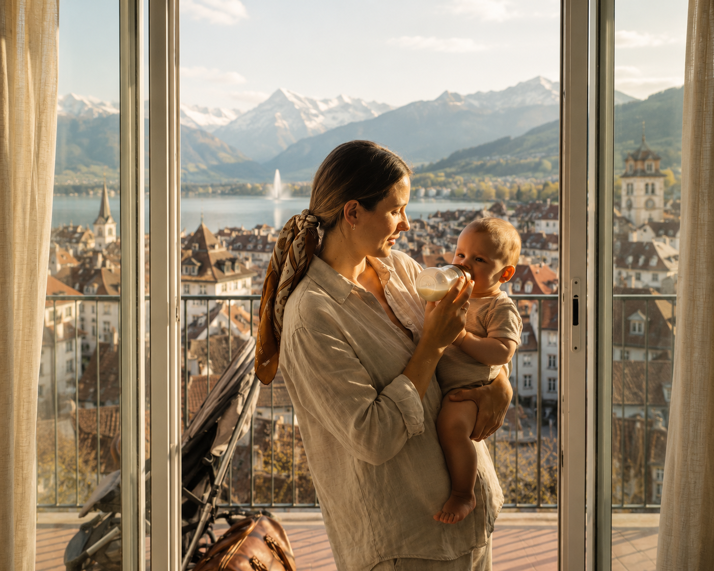 Mother calmly feeding her baby beside a balcony