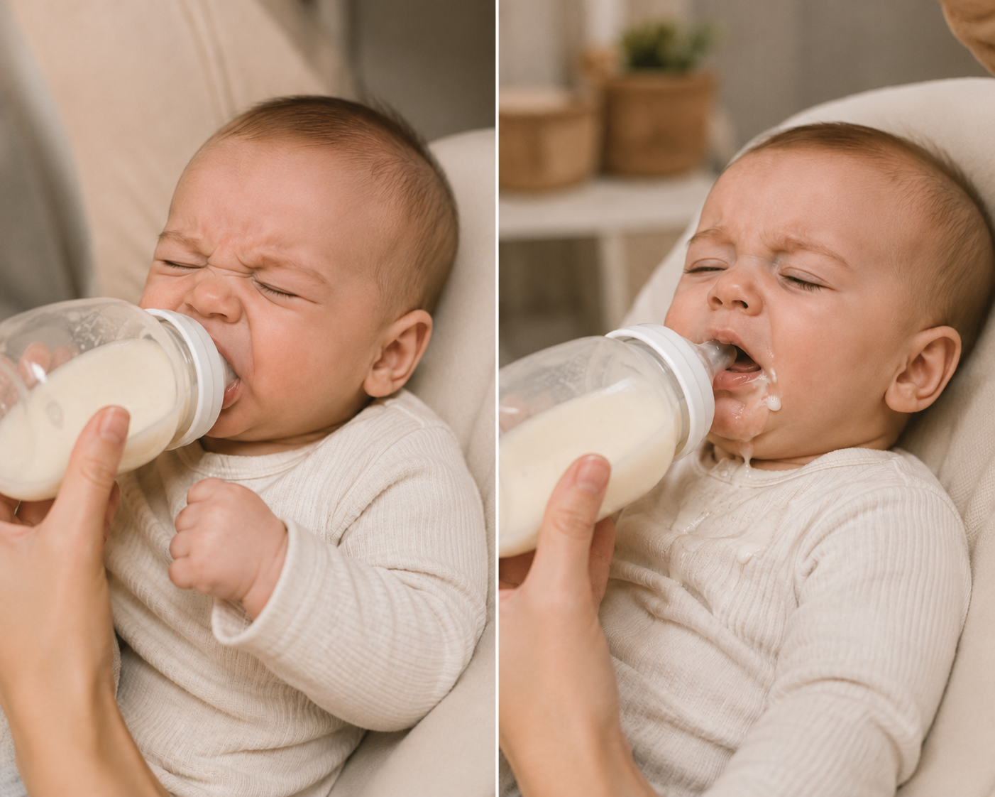 Side-by-side comparison of a baby struggling with slow and fast bottle flow