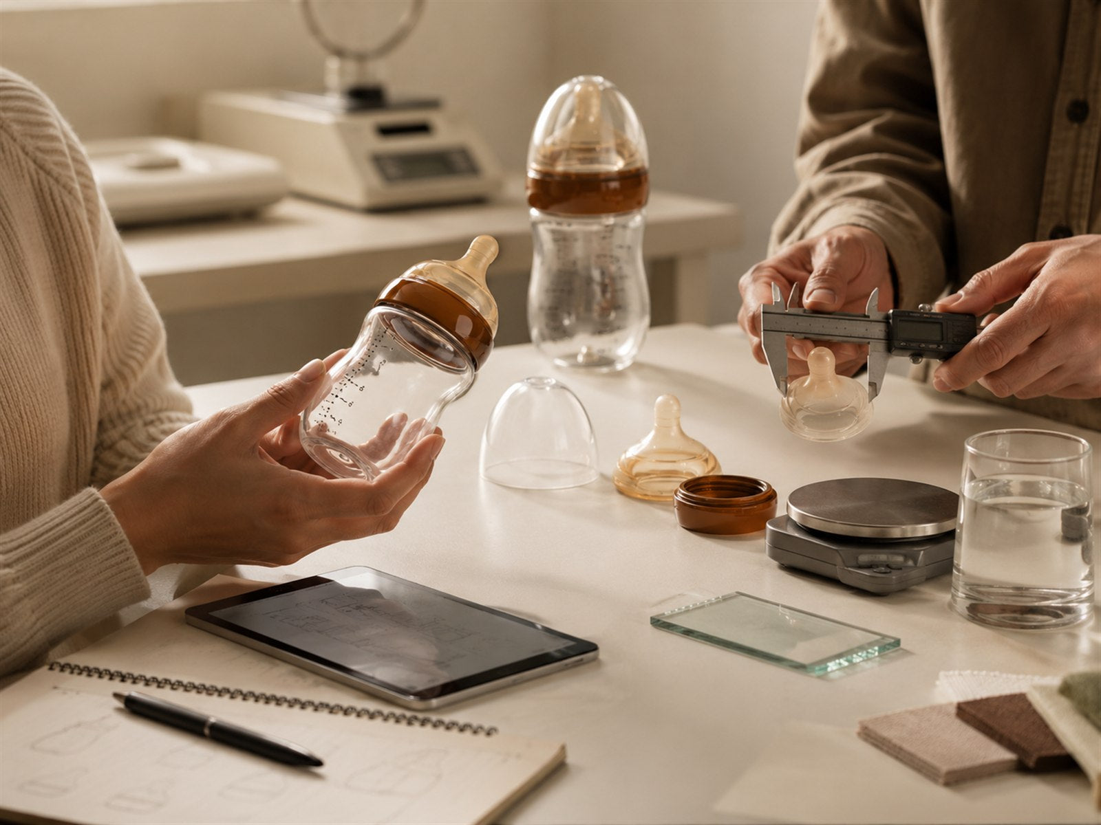 Two researchers testing Moka bottle shape and nipple measurements