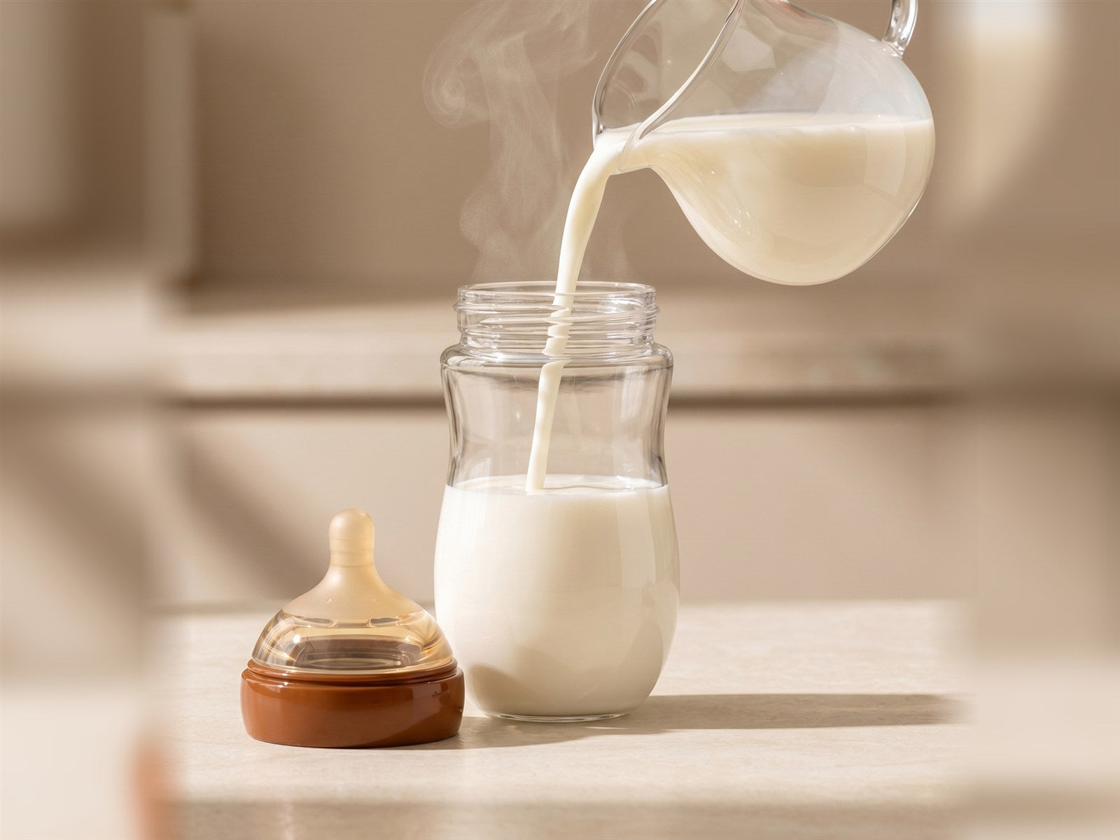 Milk touching the glass Moka bottle and feeding components