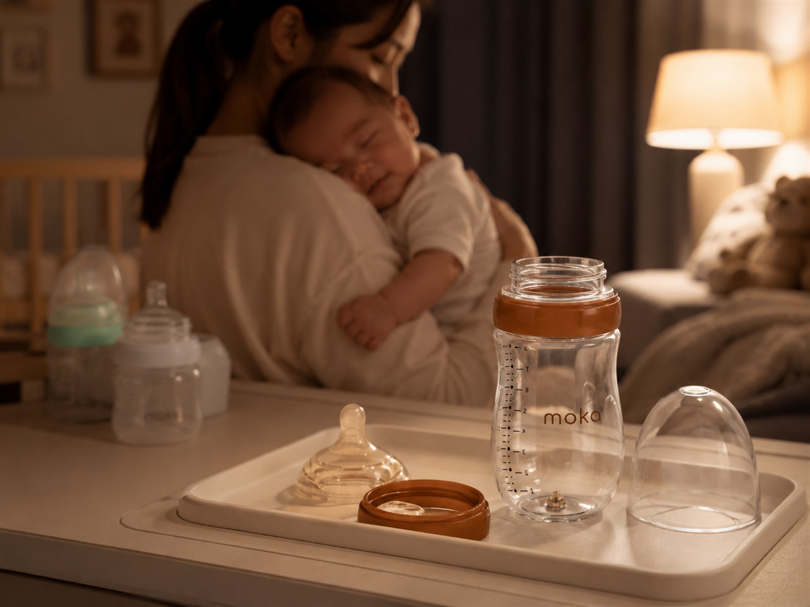 Settled baby held after a night feed beside a Moka bottle