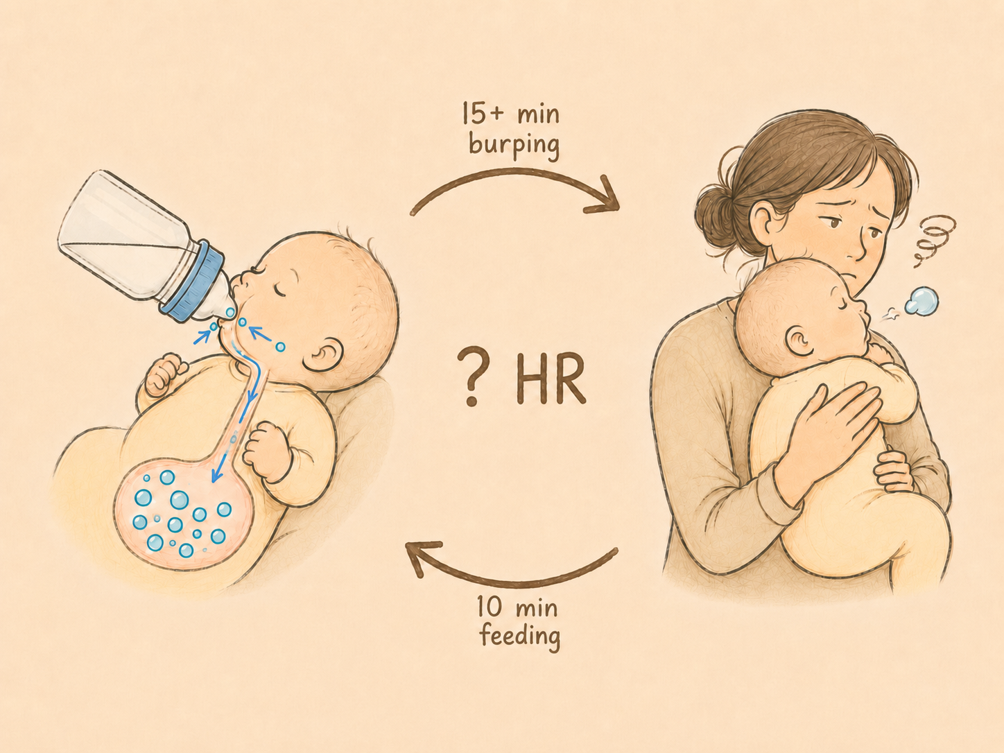 Illustration showing how swallowed air creates a repeating feeding and burping cycle