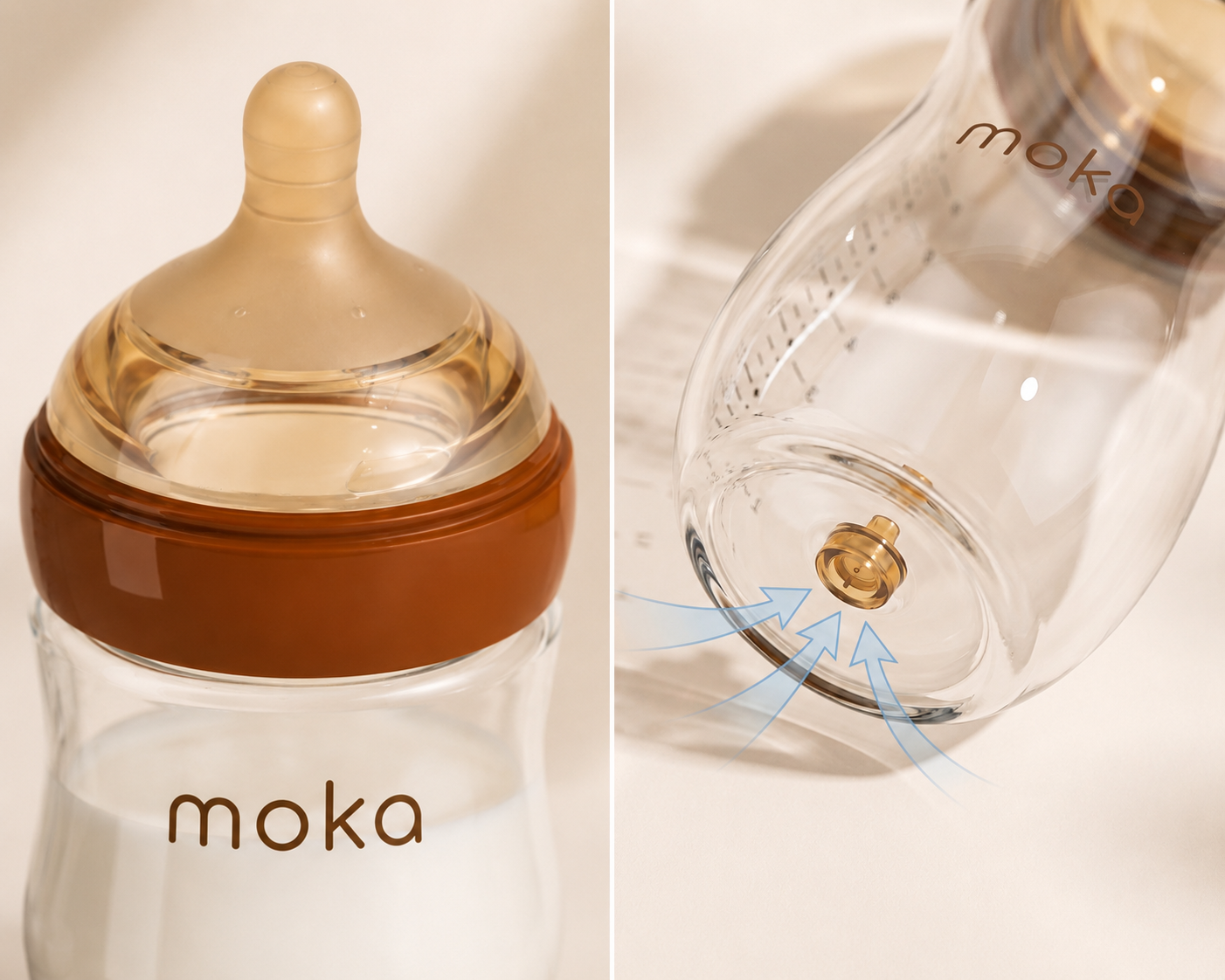 Moka nipple and integrated bottom vent shown side by side