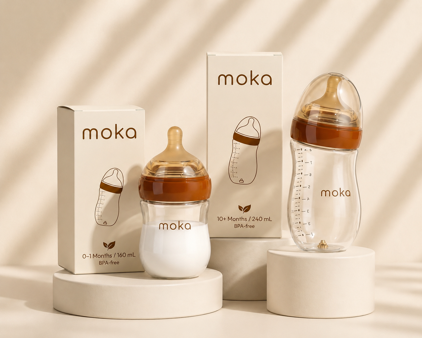 Moka bottles displayed beside their retail boxes