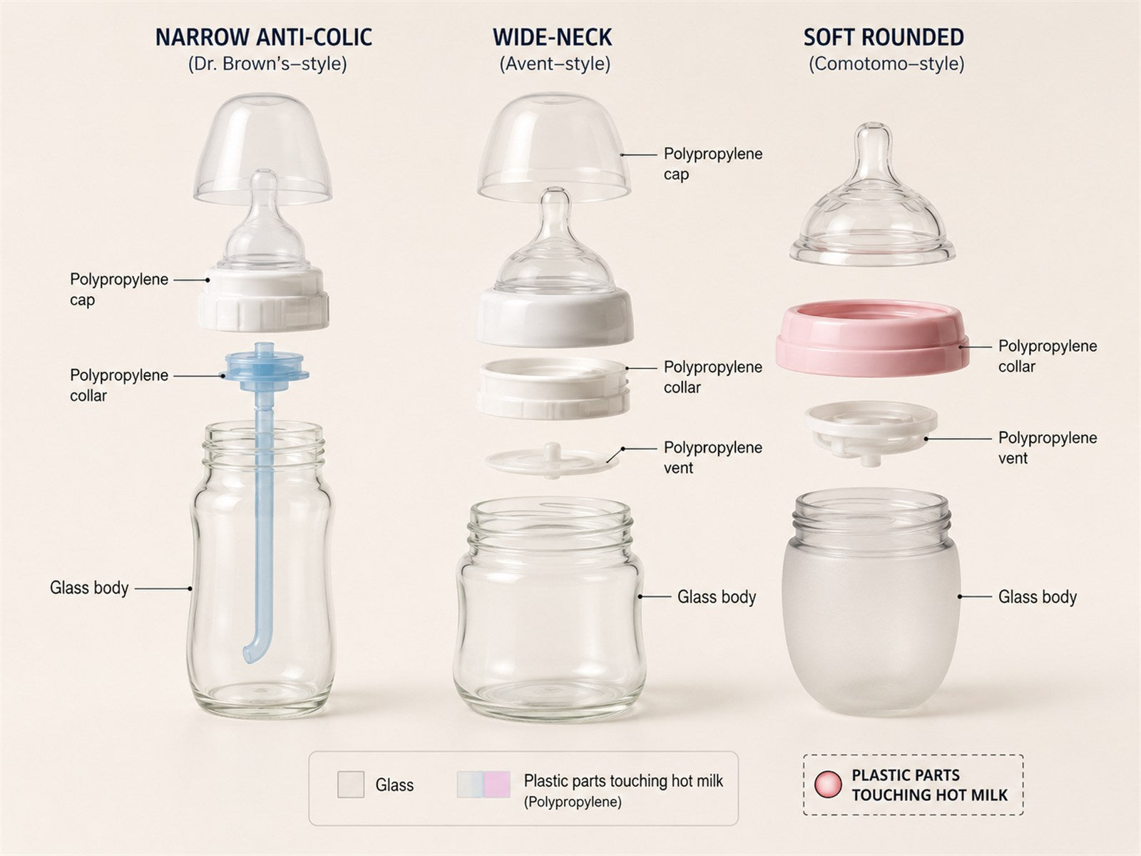 Legacy bottle systems and the plastic parts that can contact hot milk